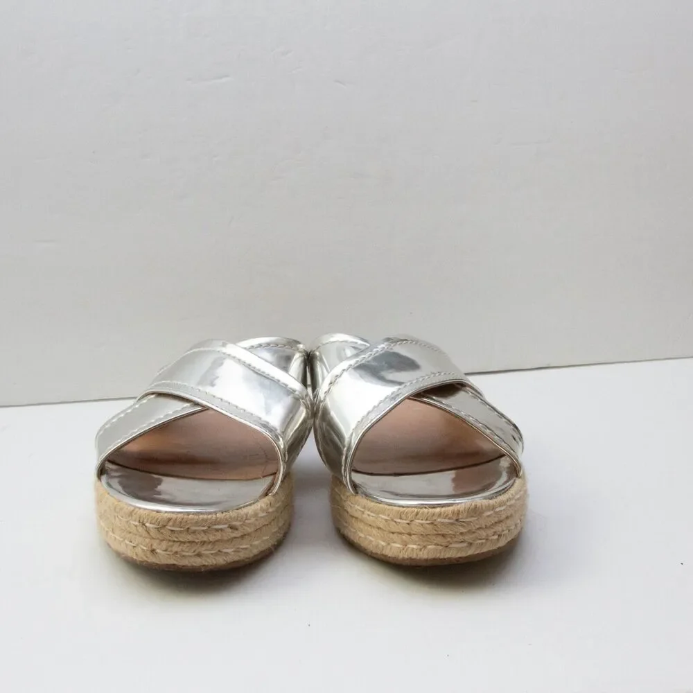 Sergio Zelcer Metallic Silver Chrome Cross Strips Slip On Platform Sandals 10
